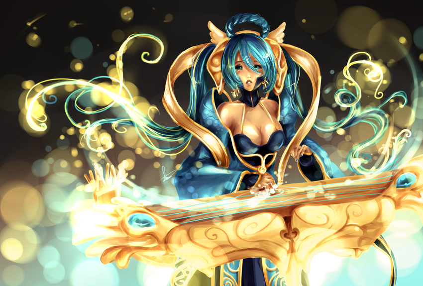 alternate_costume blue_eyes blue_hair breasts chinese_clothes cleavage commentary detached_collar hagoromo hair_between_eyes hair_rings hannah_santos highres instrument league_of_legends lips long_hair shawl solo sona_buvelle twintails very_long_hair wide_sleeves