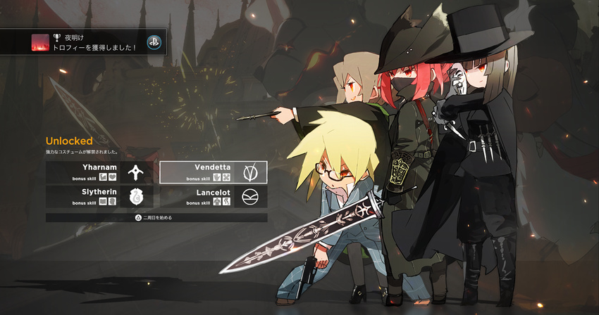 blonde_hair bloodborne brown_hair cape commentary_request cosplay crossover english face_mask fake_screenshot formal game_console glasses gun hair_bun handgun harry_potter hat hms_conqueror_(siirakannu) hms_monarch_(siirakannu) hms_orion_(siirakannu) hms_thunderer_(siirakannu) kingsman:_the_secret_service knife lion long_coat long_hair looking_to_the_side mask mask_removed multiple_girls original pistol playstation_4 red_eyes red_hair robe semi-rimless_eyewear short_hair sidelocks siirakannu suit sword top_hat translated tricorne v_for_vendetta wand weapon