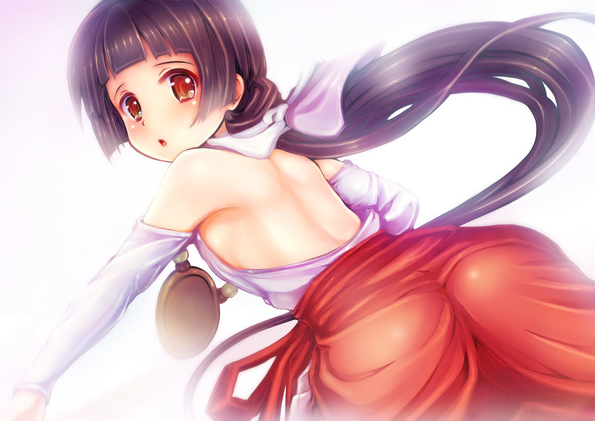 amayadori_machi ass backless_outfit bare_back black_hair blush brown_eyes hakama japanese_clothes kumamiko long_hair low_ponytail miko outfit_4_(kumamiko) red_hakama solo teruru