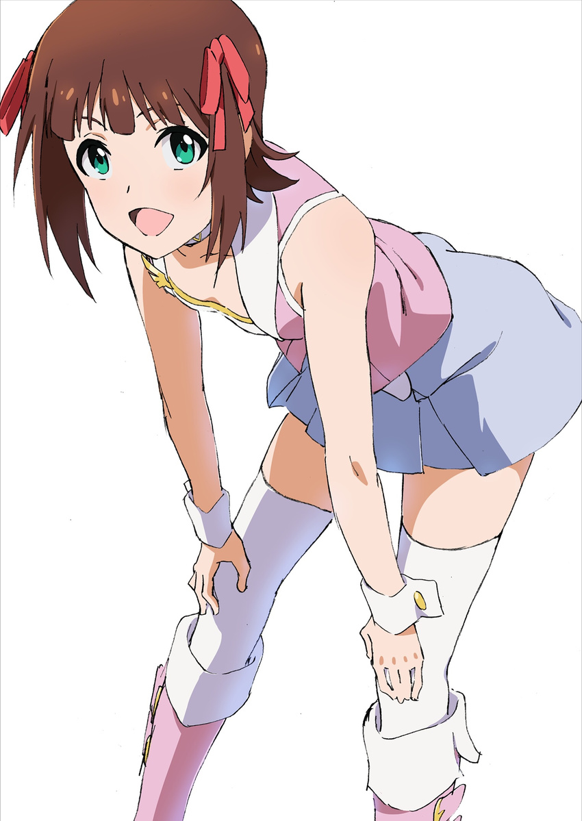 amami_haruka bad_id bad_pixiv_id bent_over blue_skirt brown_hair green_eyes hair_ribbon highres idolmaster idolmaster_(classic) looking_at_viewer monsterx open_mouth pink_diamond_765 red_ribbon ribbon short_hair simple_background skirt solo thighhighs white_background white_legwear