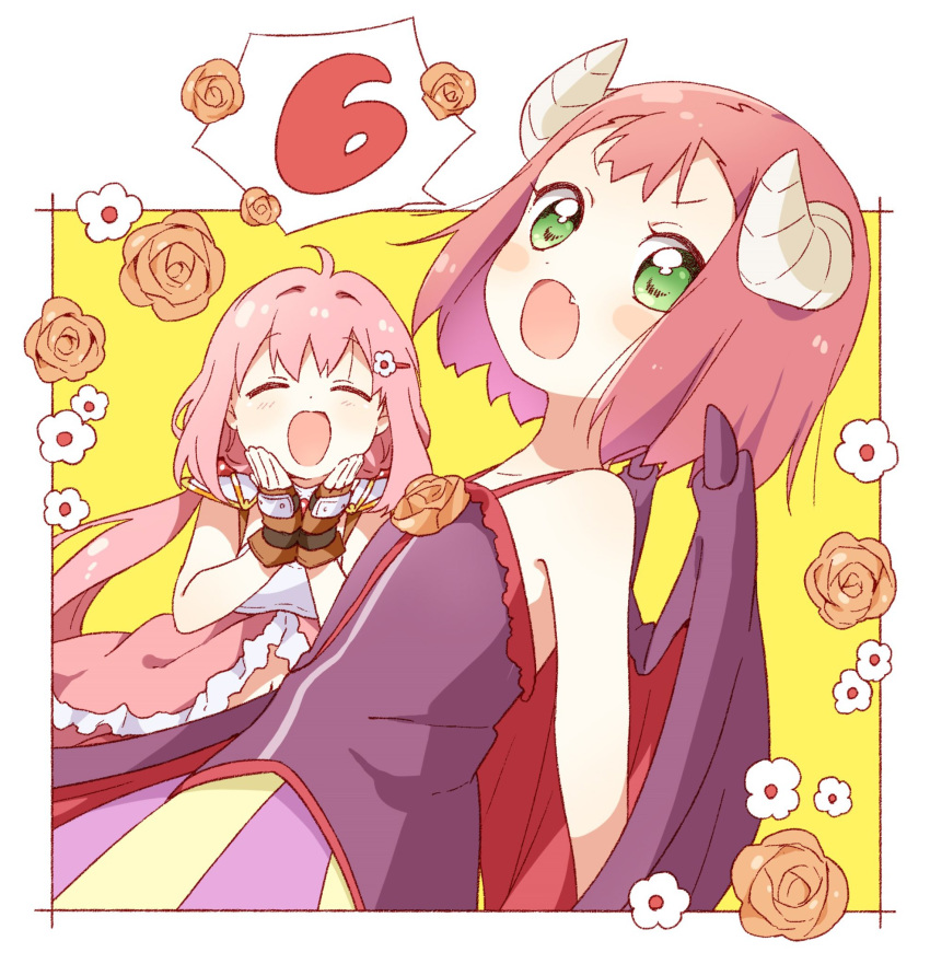 2girls blush blush_stickers demon_girl demon_horns demon_wings endro! eyebrows_visible_through_hair fang flower gloves green_eyes hair_ornament hairclip highres horns long_hair looking_at_viewer low_twintails mao_(endro!) multiple_girls navel open_mouth pink_hair pointy_ears red_hair short_hair smile twintails wings yuria_shardet