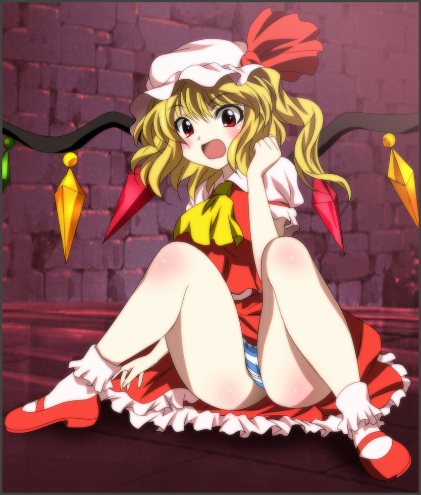 1girl bare_legs blonde_hair blush breasts eyebrows eyebrows_visible_through_hair flandre_scarlet highres indoors legs looking_at_viewer open_mouth panties pantyshot pantyshot_(sitting) red_eyes shoes short_hair short_sleeves side_ponytail sitting socks solo spread_legs striped_panties thighs touhou underwear white_socks yadokari_genpachirou