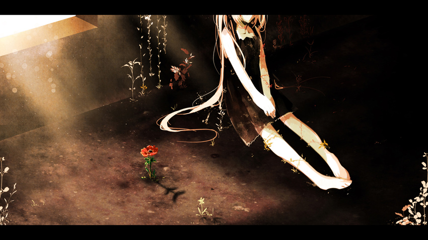 aliasing barefoot dark dress flowers hatsune_miku long_hair ruuya_higashino summer_dress vocaloid