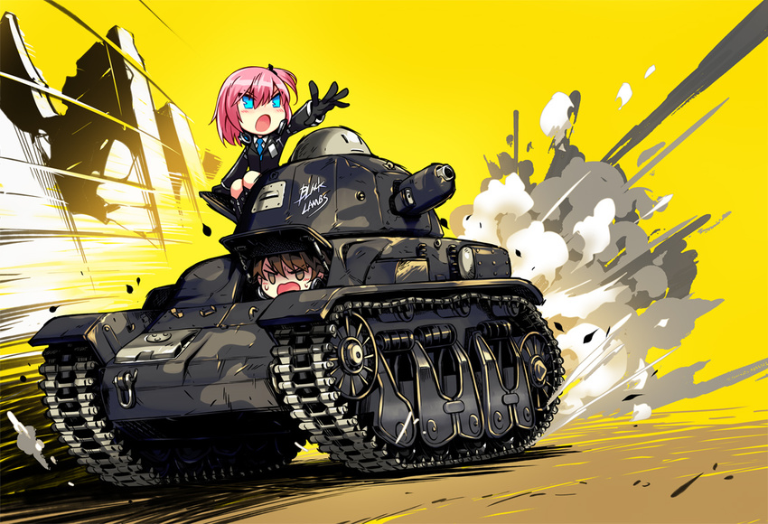 aqua_eyes blush boots brown_eyes brown_hair chibi closers combat_vehicle gloves headphones male pink_hair ponytail seha seulbi_lee short_hair suit tagme_(artist) tie uniform yellow