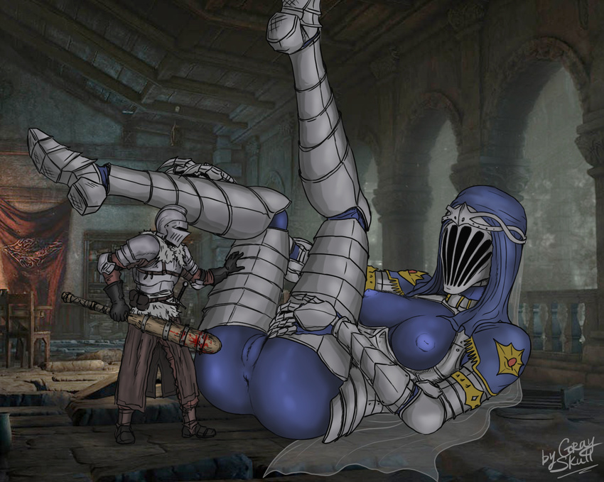 1girl anus armor blue_skin breasts club dancer_of_the_boreal_valley dark_souls dark_souls_iii giantess gray_skull pussy size_difference