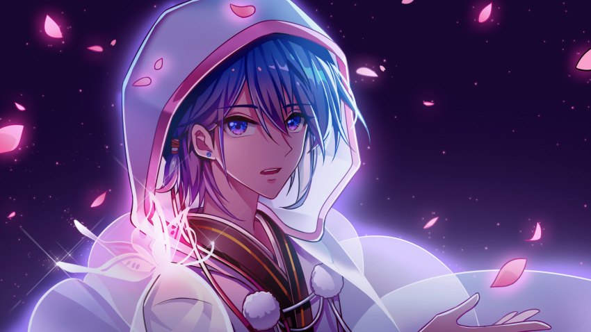 1boy blue_eyes blue_hair bug butterfly butterfly_on_shoulder cherry_blossoms chinese_commentary clothing_request commentary earrings glowing_butterfly hair_between_eyes hand_up highres hood insect japanese_clothes jewelry kaito kazenemuri looking_at_viewer night open_mouth petals short_hair solo tied_hair upper_body vocaloid