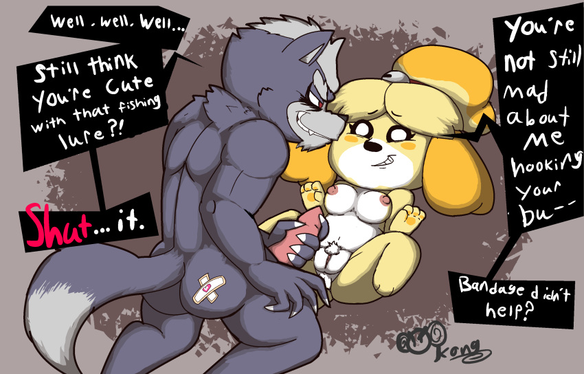 &lt;3 2019 animal_crossing anthro anus band-aid bandage bell blonde_hair blush blush_stickers breasts butt canid canine canis claws dialogue domestic_dog duo english_text erection female fur hair half-closed_eyes hi_res ironkongstudios isabelle_(animal_crossing) jingle_bell kneeling lying male mammal masturbation muscular muscular_male navel nintendo nipples nude on_back penile_masturbation penis pussy red_eyes shih_tzu short_hair signature smile speech_bubble spread_legs spreading star_fox teeth text topknot uncensored video_games white_eyes wolf wolf_o'donnell yellow_fur