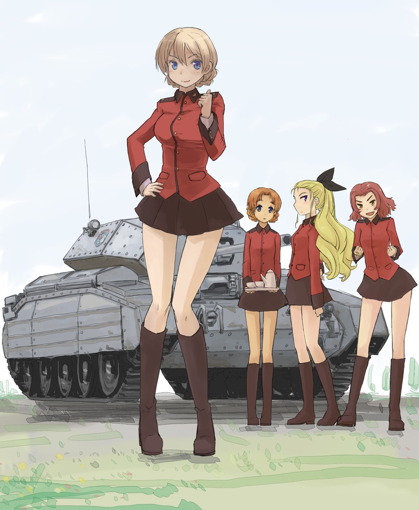 assam blonde_hair blue_eyes boots bow braid brown_footwear crusader_(tank) darjeeling emblem girls_und_panzer ground_vehicle hair_bow hand_on_hip highres jacket knee_boots long_hair looking_at_viewer military military_uniform military_vehicle motor_vehicle multiple_girls orange_hair orange_pekoe outdoors pinzu rosehip short_hair skirt smile st._gloriana's_(emblem) st._gloriana's_military_uniform tank uniform