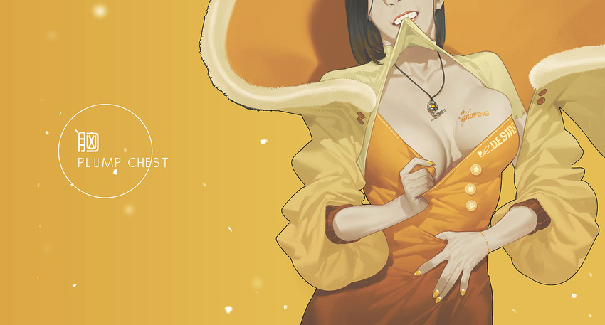 breasts brown_hair cleavage dress hoodie lan_se_fangying necklace no_bra original short_hair yellow