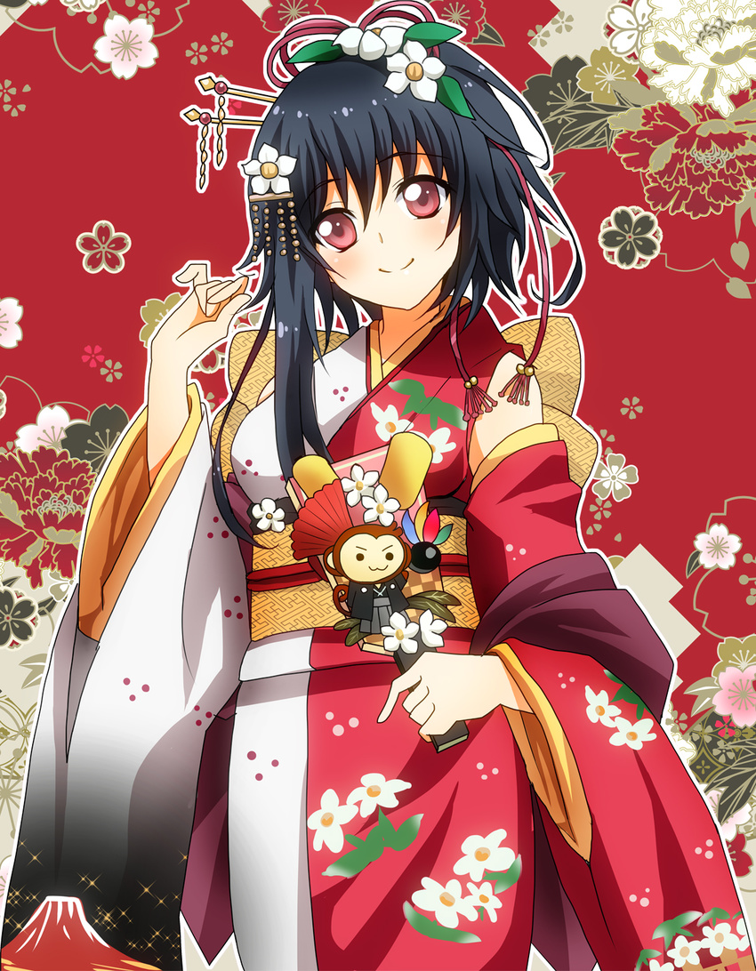 black_hair flower flower_knight_girl hair_flower hair_ornament hair_stick highres japanese_clothes kimono looking_at_viewer manryou_(flower_knight_girl) masako_(sabotage-mode) monkey print_kimono red_background red_eyes red_kimono short_hair smile solo yukata