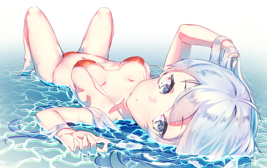 bikini breasts dev erect_nipples gray_eyes gray_hair long_hair navel original swimsuit waifu2x water