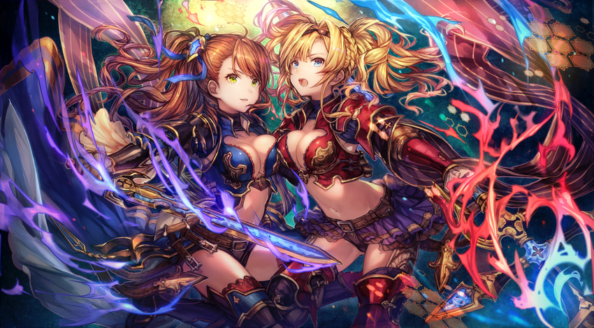 :o armor armored_boots beatrix_(granblue_fantasy) belt belt_buckle bikini_armor blonde_hair blue_eyes blue_footwear blue_ribbon blue_vest boots bow braid breast_press breasts brown_hair buckle cape cleavage collared_vest cowboy_shot cross fire flaming_sword gauntlets granblue_fantasy green_eyes hair_bow hair_intakes hair_ribbon highres holding holding_sword holding_weapon large_breasts light_smile looking_at_viewer midriff multiple_girls navel open_mouth outstretched_arm pleated_skirt ponytail purple_fire purple_skirt red_footwear red_vest ribbon shigaraki_(strobe_blue) shoulder_pads showgirl_skirt skirt stomach sword thigh_boots thighhighs thighs twintails unbuckled_belt unsheathed v-shaped_eyebrows veil vest waist_cape weapon zeta_(granblue_fantasy)