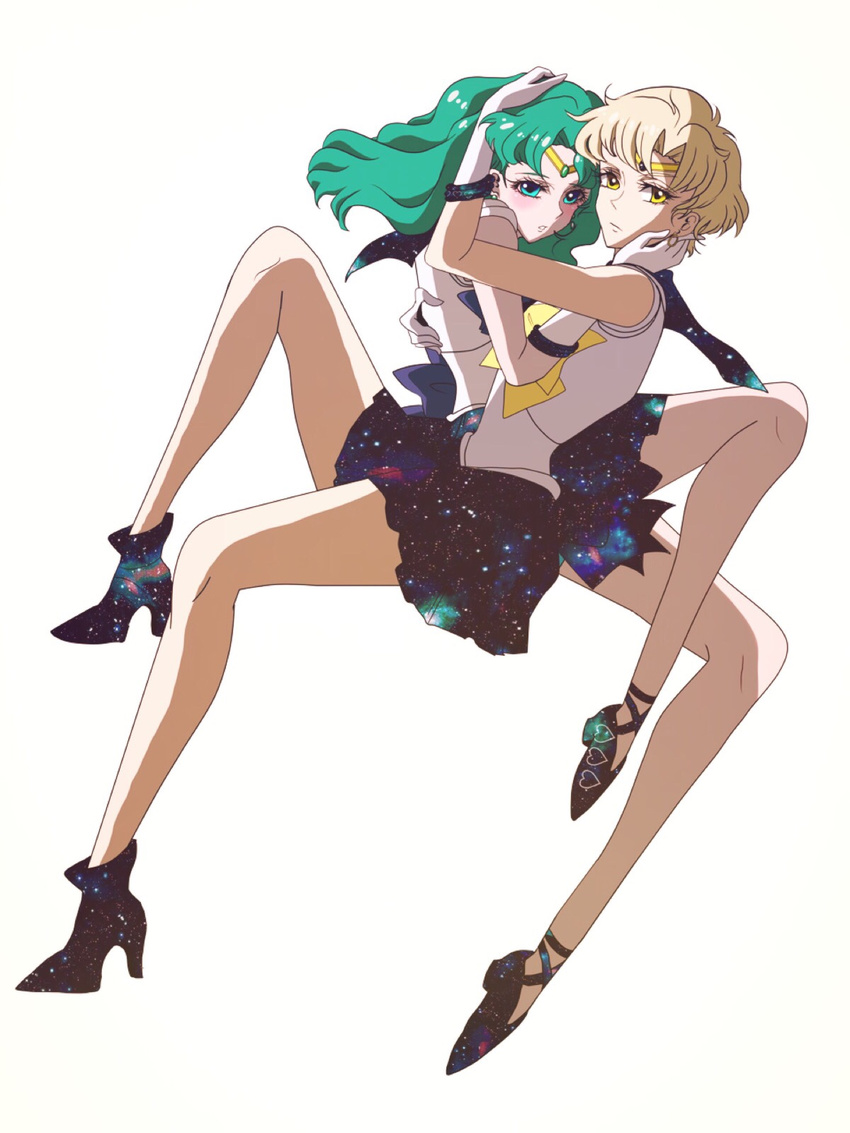 bad_id bad_pixiv_id bishoujo_senshi_sailor_moon blonde_hair blue_sailor_collar blue_skirt bow earrings gloves green_eyes green_hair hand_on_another's_cheek hand_on_another's_face hand_on_another's_head high_heels highres hug jewelry kaiou_michiru long_hair looking_at_viewer magical_girl multiple_girls nametake_(nametake729) outer_senshi sailor_collar sailor_neptune sailor_senshi_uniform sailor_uranus short_hair simple_background skirt strappy_heels ten'ou_haruka tiara very_short_hair white_background white_gloves yellow_bow yuri