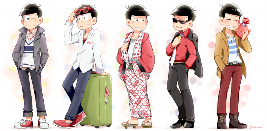 ;) alternate_costume black_hair boots briefcase eyewear_on_head formal geta hand_in_pocket hands_in_pocket hands_in_pockets haori japanese_clothes jewelry kimono male_focus matsuno_osomatsu mone_(14ri0000) multiple_views necklace one_eye_closed osomatsu-kun osomatsu-san shoes smile sneakers suit sunglasses towel towel_around_neck twitter_username yakuza yukata