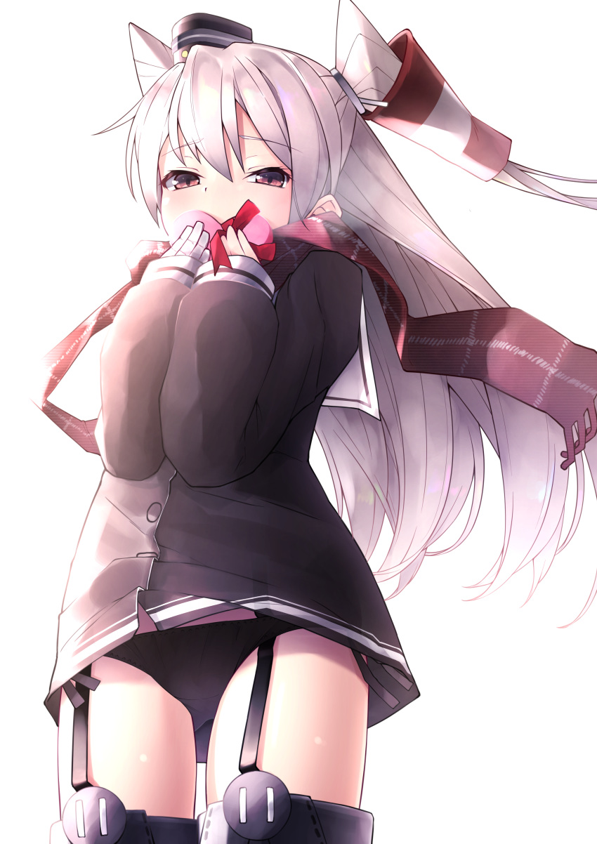1girl absurdres amatsukaze_(kantai_collection) bangs black_dress black_panties box breath covered_mouth dress eyebrows_visible_through_hair fringe_trim garter_straps gift gift_box gloves gluteal_fold hair_between_eyes hair_tubes hands_up hat heart-shaped_box highres holding holding_gift kantai_collection long_hair long_sleeves looking_at_viewer mini_hat panties puffy_long_sleeves puffy_sleeves red_eyes red_scarf scarf short_dress side-tie_panties silver_hair simple_background single_glove sleeves_past_wrists smokestack solo thighhighs two_side_up underwear valentine very_long_hair white_background white_gloves windsock zetsuriinu_(kairyougata)