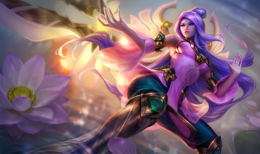 blade boots cleavage_cutout detached_sleeves flower green_eyes highres irelia knee_boots league_of_legends long_hair lotus michelle_hoefener official_art order_of_the_lotus_irelia purple_hair solo very_long_hair