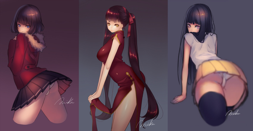 arched_back ass black_hair black_legwear blue_eyes blurry breasts brown_eyes brown_hair china_dress chinese_clothes cropped_legs depth_of_field dress from_behind from_side hair_ribbon highres large_breasts long_hair looking_at_viewer looking_back multiple_girls nana_mikoto original panties pantyshot pantyshot_(standing) pleated_skirt purple_eyes ribbon short_hair side_slit sketch skirt standing thighhighs twintails underwear upskirt very_long_hair white_panties
