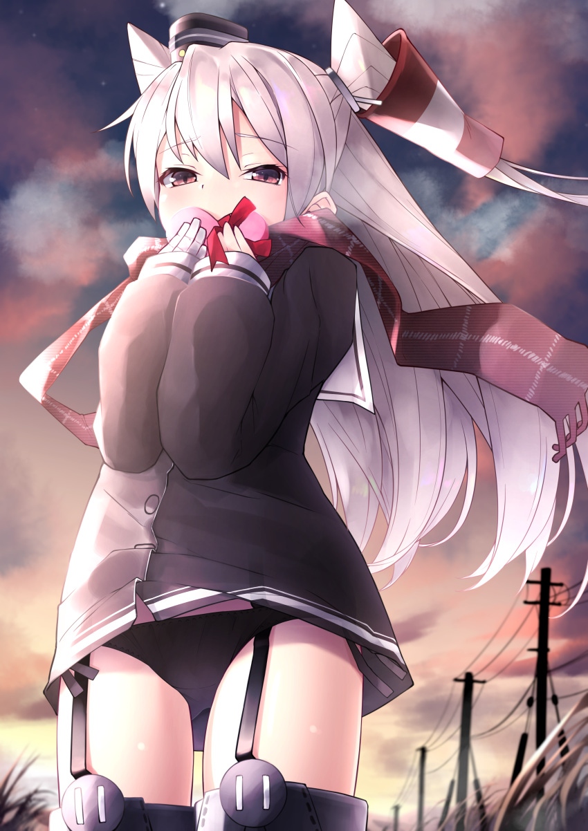 1girl absurdres amatsukaze_(kantai_collection) bangs black_dress black_panties blurry blurry_background box breath cloud cloudy_sky commentary_request covered_mouth depth_of_field dress eyebrows_visible_through_hair fringe_trim garter_straps gift gift_box gloves gluteal_fold hair_between_eyes hair_tubes hands_up hat heart-shaped_box highres holding holding_gift kantai_collection long_hair long_sleeves looking_at_viewer mini_hat outdoors panties power_lines puffy_long_sleeves puffy_sleeves red_eyes red_scarf scarf short_dress side-tie_panties silver_hair single_glove sky sleeves_past_wrists smokestack solo sunset telephone_pole thighhighs two_side_up underwear valentine very_long_hair white_gloves windsock zetsuriinu_(kairyougata)