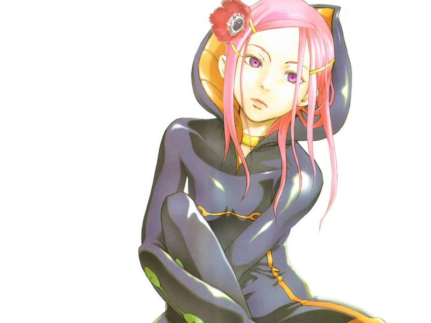 anemone_(eureka_seven) black_bodysuit bodysuit eureka_seven eureka_seven_(series) flower highres kataoka_jinsei latex long_hair official_art pink_hair purple_eyes shiny shiny_clothes simple_background single_vertical_stripe skin_tight solo