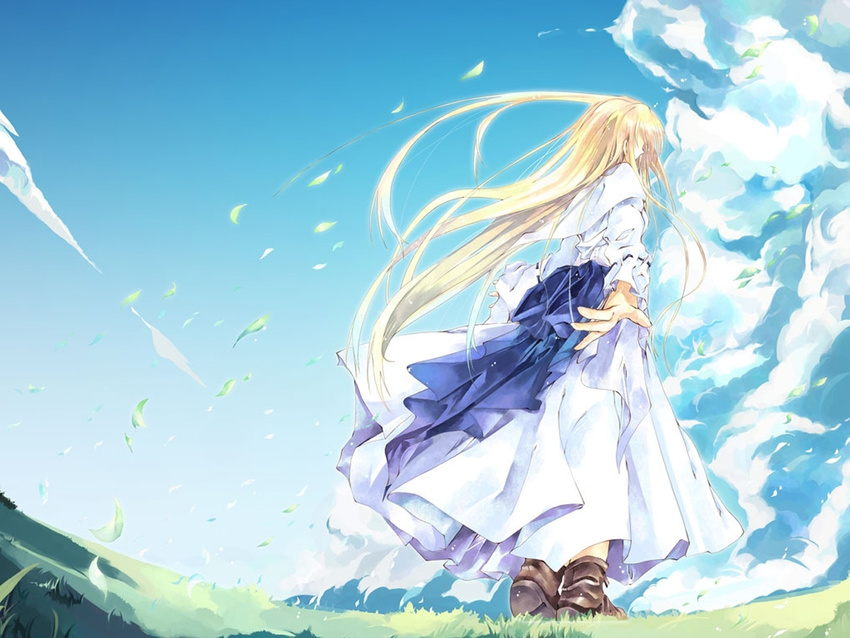 blonde_hair boots cloud day grass long_hair long_sleeves original sky solo sumi_keiichi wallpaper