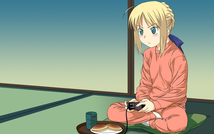 a1 ahoge artoria_pendragon_(all) blonde_hair blush controller fate/stay_night fate_(series) food game_controller highres saber solo