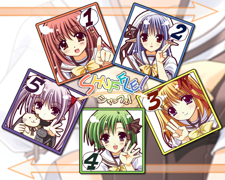 artist_request blue_eyes blue_hair blush brown_eyes chibi fuyou_kaede green_hair hair_ornament hair_ribbon lisianthus long_hair multiple_girls nerine official_art orange_hair pointy_ears primula purple_eyes red_eyes red_hair ribbon school_uniform shigure_asa short_hair shuffle! silver_hair twintails wallpaper