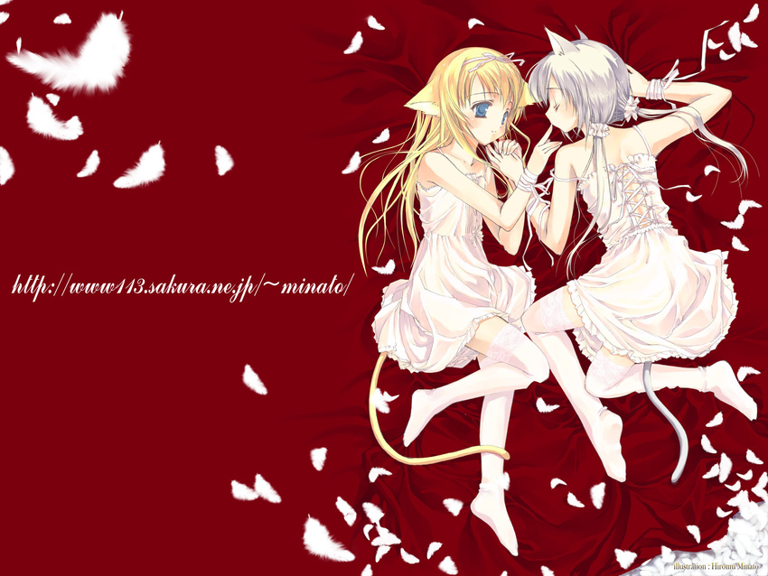 animal_ears blonde_hair cat_ears cat_tail couple feathers highres lace lace-trimmed_thighhighs low_twintails lying minato_hiromu multiple_girls original silver_hair tail thighhighs twintails wallpaper white white_legwear yuri