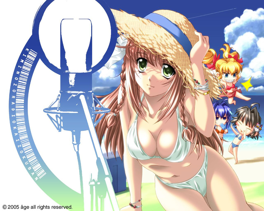 artist_request beach bikini black_hair blonde_hair blue_eyes blue_hair braid breasts brown_hair chibi cleavage closed_eyes cloud daikuuji_ayu day food green_eyes grin hat hayase_mitsuki kimi_ga_nozomu_eien long_hair medium_breasts multiple_girls popsicle red_sarong sarong smile straw_hat sun_hat suzumiya_haruka swimsuit tamano_mayu twin_braids twintails wallpaper