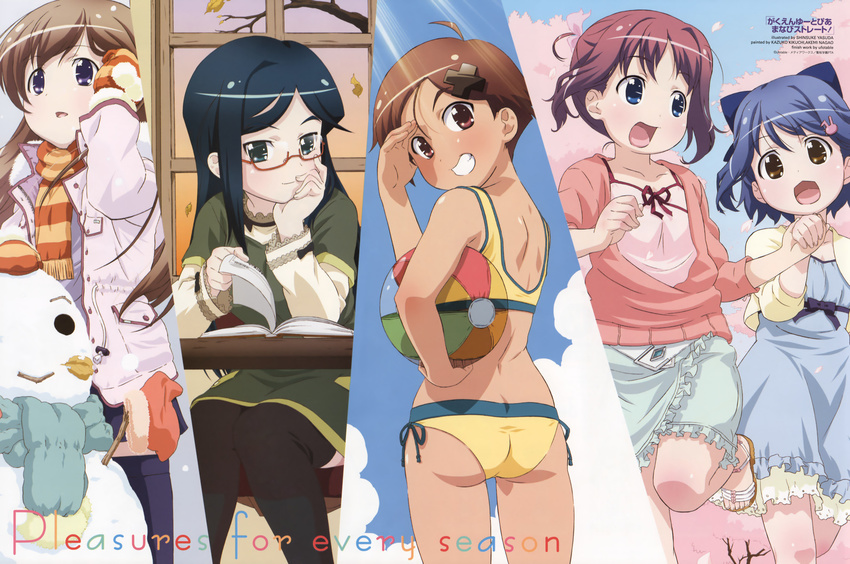 :3 adjusting_hair ahoge amamiya_manami aqua_eyes ass back ball beachball bikini black_hair black_legwear blue_eyes blue_hair blush book brown_eyes brown_hair cherry_blossoms chin_rest cloud coat column_lineup day desk dress etou_mei feet frills gakuen_utopia_manabi_straight! glasses grin hair_ornament hairclip happy highres holding_hands inamori_mika jpeg_artifacts long_hair looking_back magazine_scan mittens multiple_girls newtype non-web_source odori_momoha official_art open_mouth outdoors purple_hair red_eyes running sandals scan scarf shading_eyes short_hair side-tie_bikini sitting skirt sky smile snow snowman striped striped_scarf sunset swimsuit tankini thighhighs uehara_mutsuki window yasuda_shinsuke zettai_ryouiki