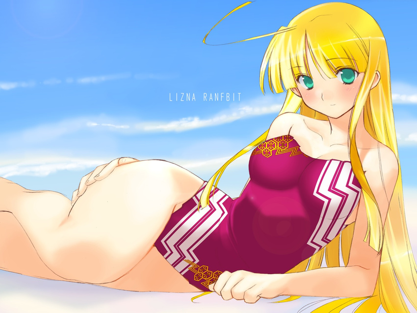 adapted_costume blonde_hair competition_swimsuit green_eyes long_hair lying non-web_source on_side one-piece_swimsuit orion_(orionproject) rance5d rance_(series) rizna_lanfebit solo swimsuit wallpaper