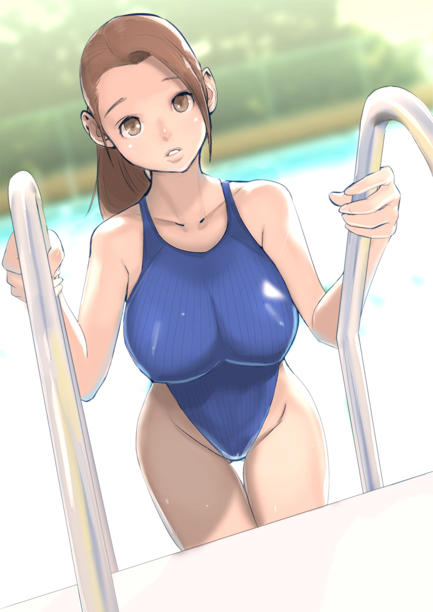 :o breasts brown_eyes brown_hair competition_swimsuit covered_nipples dytm highleg highleg_swimsuit highres huge_breasts long_hair looking_at_viewer one-piece_swimsuit original parted_lips ponytail pool_ladder pool_monitor_part-timer_(dytm) shiny shiny_clothes solo swimsuit thigh_gap