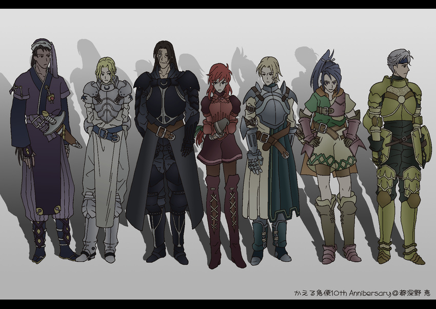 armor armored_dress blonde_hair blue_eyes brown_hair elmina_niet garrett_stampede ghost_in_the_shell ghost_in_the_shell_lineup ghost_in_the_shell_stand_alone_complex gloves highres jack_van_burace letterboxed lineup long_hair multiple_boys multiple_girls parody short_hair tomino_(kaeru_kyuubin) wild_arms wild_arms_1