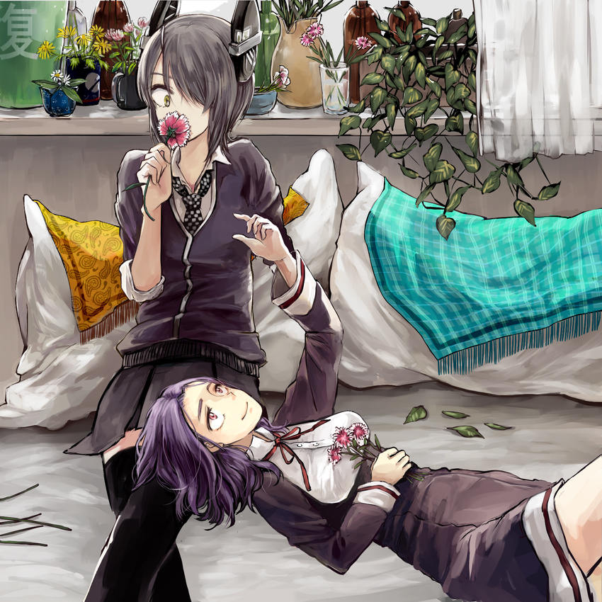 bottle bucket coffee_mug commentary_request covered_mouth crossed_legs cup curtains dress flower flower_pot glass hand_on_own_stomach headgear highres holding holding_flower kani_aruki_(bucket_crawl) kantai_collection knee_up lap_pillow looking_at_another lying mug multiple_girls necktie on_back pillow purple_eyes purple_hair shirt sitting skirt smelling smile sweater tatsuta_(kantai_collection) tenryuu_(kantai_collection) thighhighs vase window wine_bottle yellow_eyes