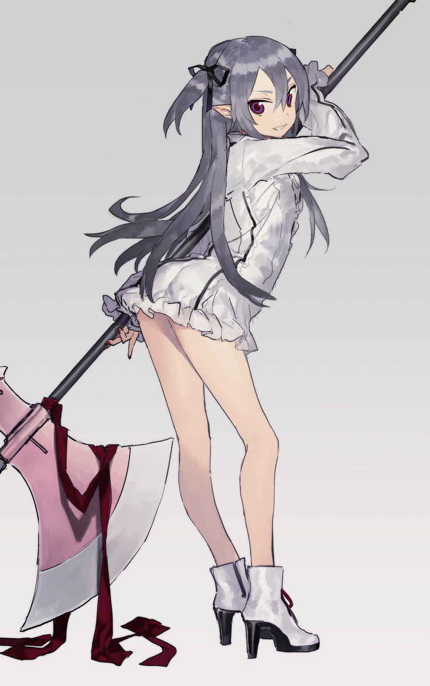 absurdres ass bad_id bad_pixiv_id bent_over blouse boots bottomless breasts charolette_antoine_(hirota_tsuu) fang from_side full_body gradient gradient_background grey grey_background grey_hair grin hair_between_eyes hair_ribbon halberd high_heels highres hirota_tsuu long_hair long_sleeves looking_at_viewer multicolored multicolored_eyes nail_polish original pointy_ears polearm purple_eyes red_eyes ribbon small_breasts smile solo standing two_side_up weapon