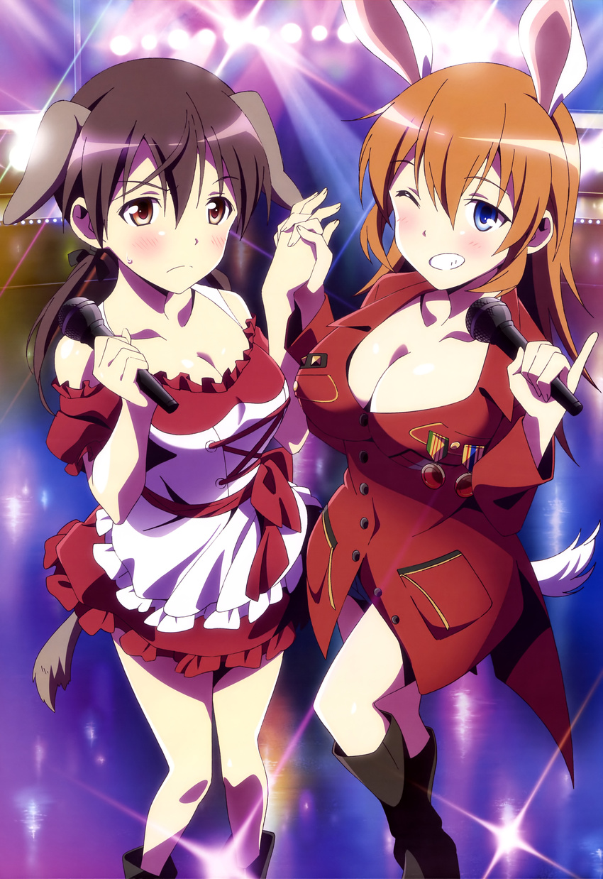 absurdres animal_ears ankle_boots blue_eyes blush boots breasts brown_eyes brown_hair bunny_ears charlotte_e_yeager cleavage collarbone dirndl german_clothes gertrud_barkhorn grin highres holding_hands interlocked_fingers knee_boots large_breasts looking_at_viewer medal microphone multiple_girls official_art one_eye_closed orange_hair smile spotlight strike_witches sweatdrop tail teeth world_witches_series