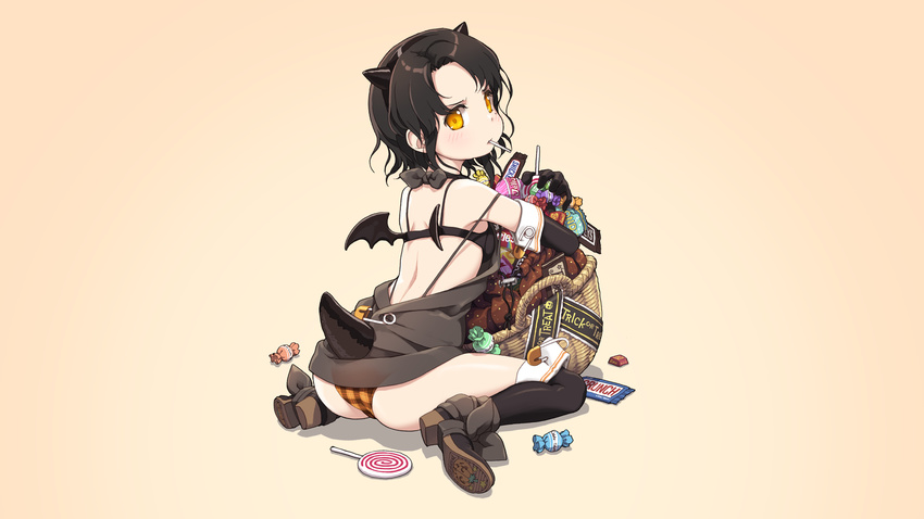 arched_back ass bag basket bat_wings black black_hair black_legwear blush boots bow bra candy candy_bar chocolate choker clothes_pin crunch demon_girl elbow_gloves food from_behind full_body gloves hairband halloween hershey's highres horns jack-o'-lantern kneehighs lena_(zoal) lingerie lollipop looking_at_viewer looking_back mole mole_under_eye mouth_hold nestle open_clothes panties plaid plaid_panties pumpkin ribbon safety_pin short_hair sita_vilosa sitting snickers solo succubus sweets swirl_lollipop sword_girls tail thighhighs trick_or_treat underwear wallpaper wariza wings yellow_eyes