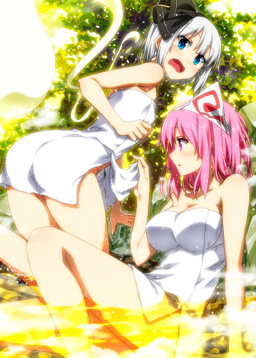 :o arm_at_side ass assisted_exposure bare_arms bare_legs bare_shoulders bathing black_ribbon blush breasts collarbone duplicate floating frown ghost hair_ribbon hairband highres hitodama knee_up kneeling konpaku_youmu konpaku_youmu_(ghost) large_breasts leaning_forward lifted_by_another multiple_girls naked_towel onsen open_mouth partially_submerged peeking pink_eyes pink_hair profile ribbon rock saigyouji_yuyuko sazanami_mio short_hair silver_hair sitting steam thighs touhou towel towel_lift triangular_headpiece water wavy_mouth wet_towel white_towel yuri