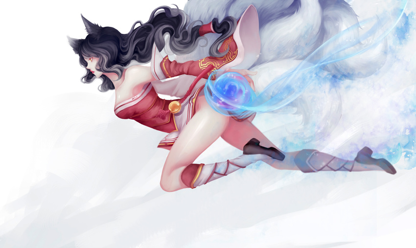 ahri animal_ears bare_shoulders black_hair boots detached_sleeves energy_ball fox_ears fox_tail highres league_of_legends ling_(vivianling) long_hair long_sleeves low-tied_long_hair multiple_tails shirt skirt solo tail very_long_hair wavy_hair wide_sleeves