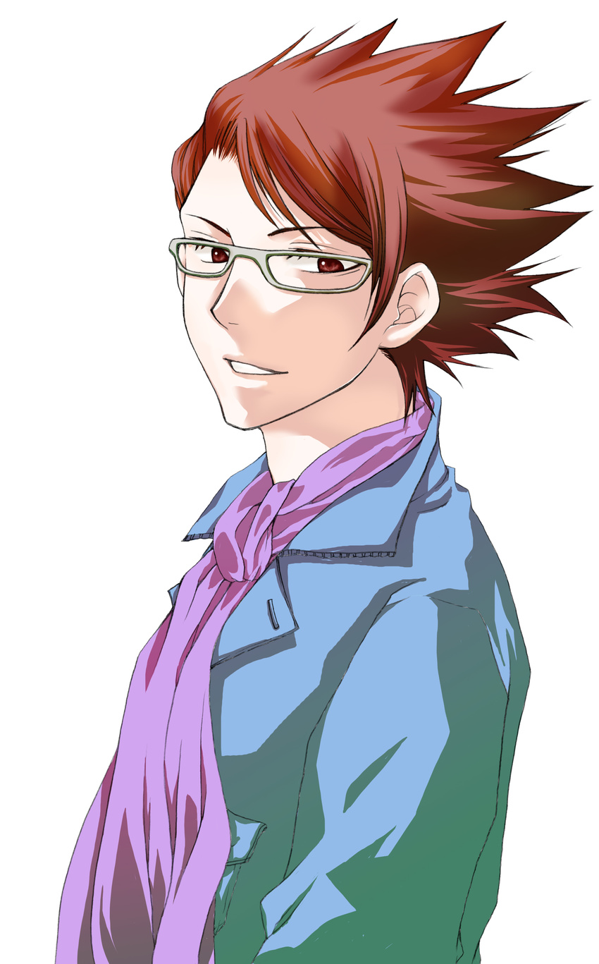 absurdres big_al big_al_(e-capsule) glasses highres male_focus parted_lips red_eyes red_hair simple_background smile solo spiked_hair tooru_(kohakucho) upper_body vocaloid white_background
