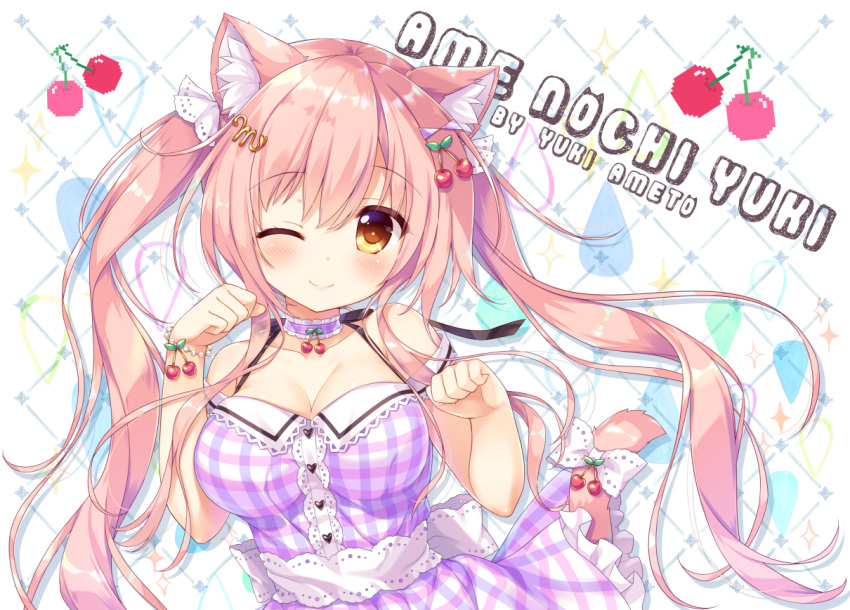 ameto_yuki animal_ears breasts catgirl cleavage dress long_hair looking_at_viewer solo tail