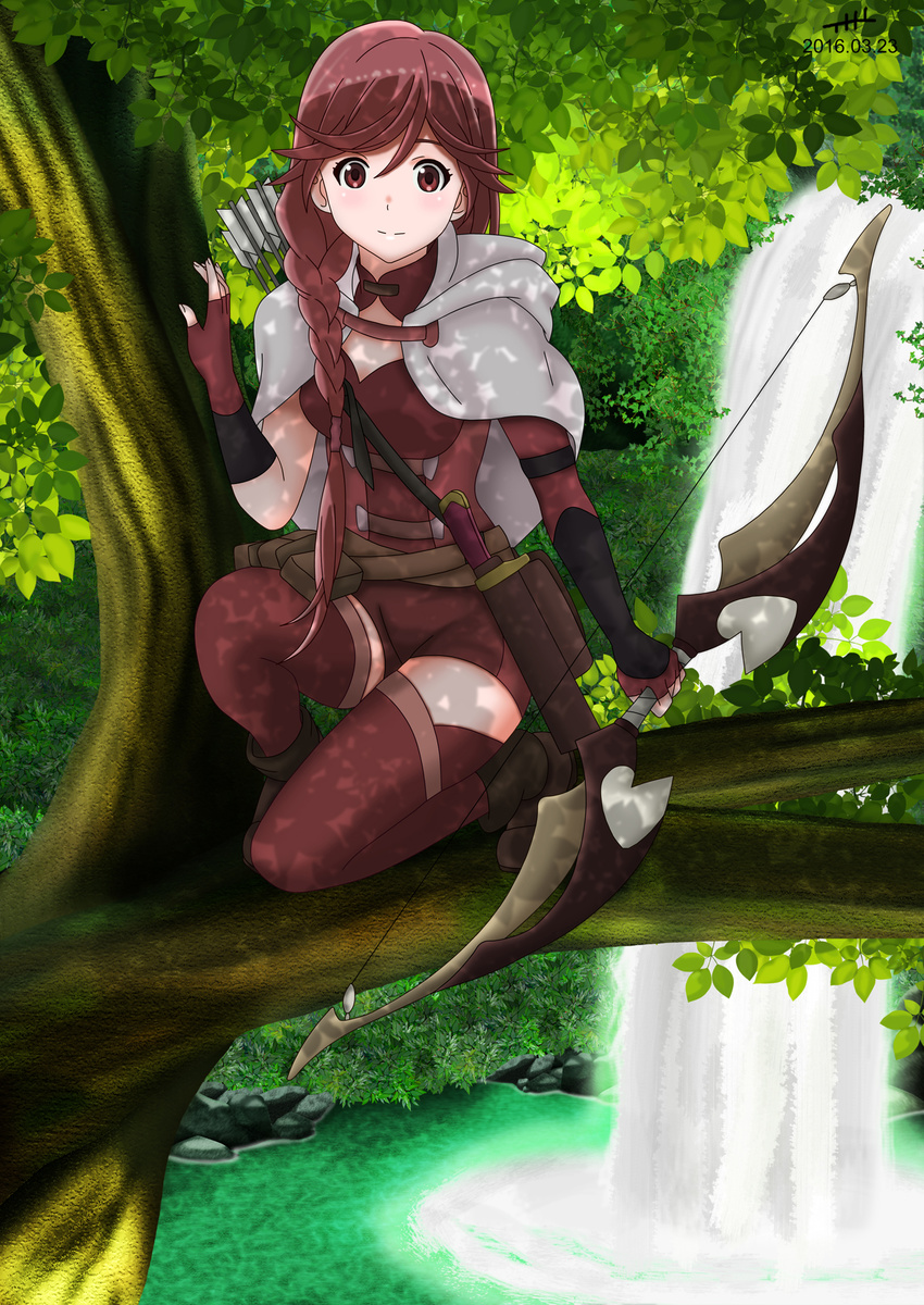 arrow bow_(weapon) braid brown_eyes brown_gloves brown_hair brown_legwear brown_shorts fingerless_gloves gloves hai_to_gensou_no_grimgar highres holding holding_weapon in_tree long_hair looking_at_viewer nihility outdoors shorts single_braid solo thighhighs tree weapon yume_(grimgar)