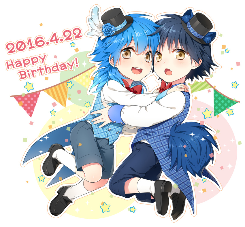 2boys :d animal_ears black_hair blue_hair bow bowtie brown_eyes chestnut_mouth child coattails dated dog_ears dog_tail dramatical_murder fang happy_birthday hat highres kneehighs kuronohana male_focus mini_hat mini_top_hat multiple_boys open_mouth ren_(dramatical_murder) seragaki_aoba shorts smile sparkle star string_of_flags tail top_hat waistcoat white_legwear yellow_eyes younger