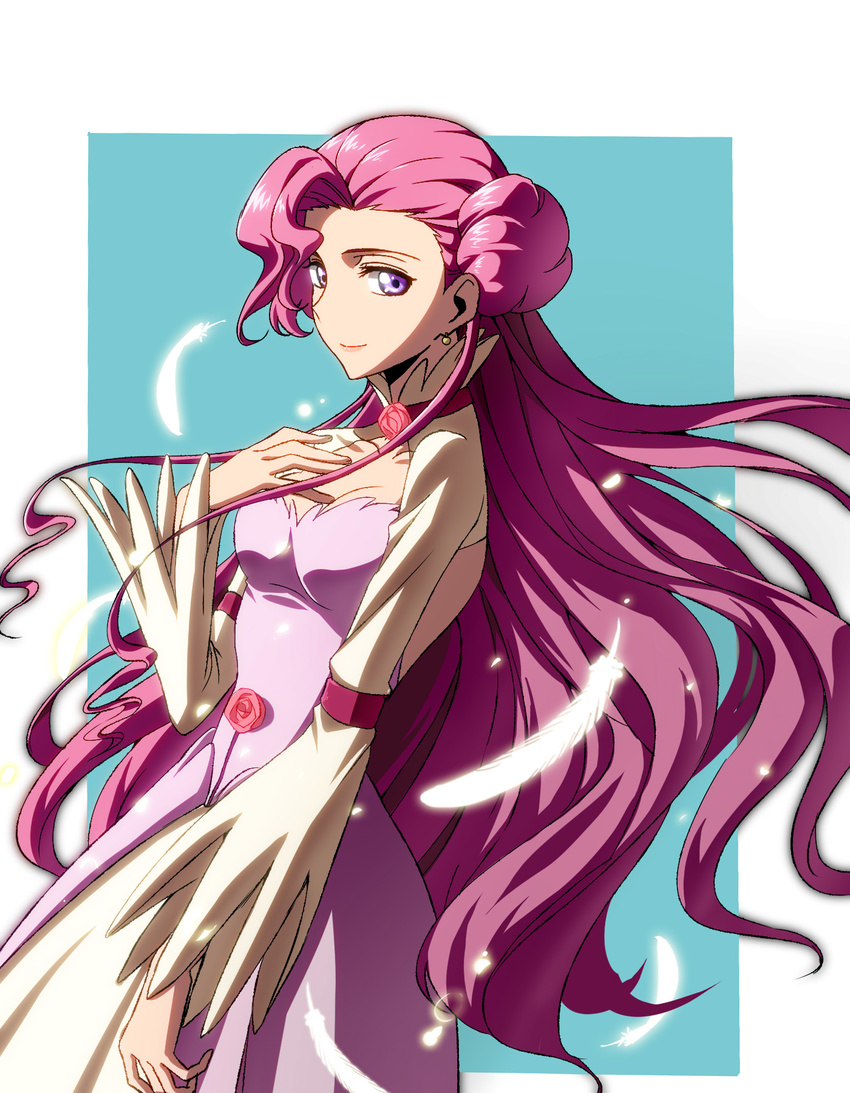 bad_id bad_pixiv_id breasts cleavage code_geass collar earrings euphemia_li_britannia feathers highres jewelry kurohane long_hair medium_breasts pink_hair purple_eyes solo