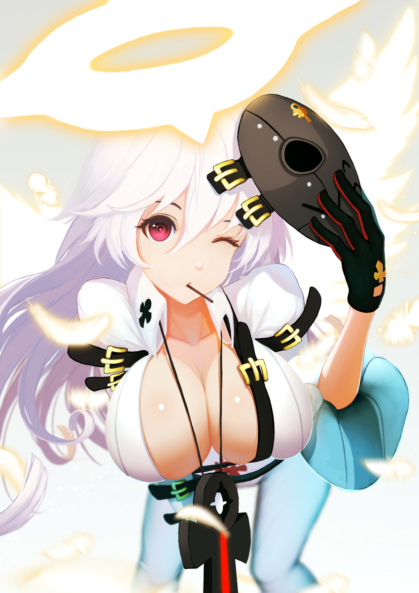 ;o absurdres ankh arm_belt bangs belt bent_over black_gloves blurry bodysuit breasts candy cleavage depth_of_field eyelashes feathered_wings feathers food food_in_mouth gloves glowing glowing_wings guilty_gear guilty_gear_xrd hair_between_eyes halo highres holding holding_mask jack-o'_valentine jewelry large_breasts lollipop long_hair looking_at_viewer mask mask_removed mouth_hold nooko one_eye_closed pendant red_eyes solo standing white_background white_hair wings