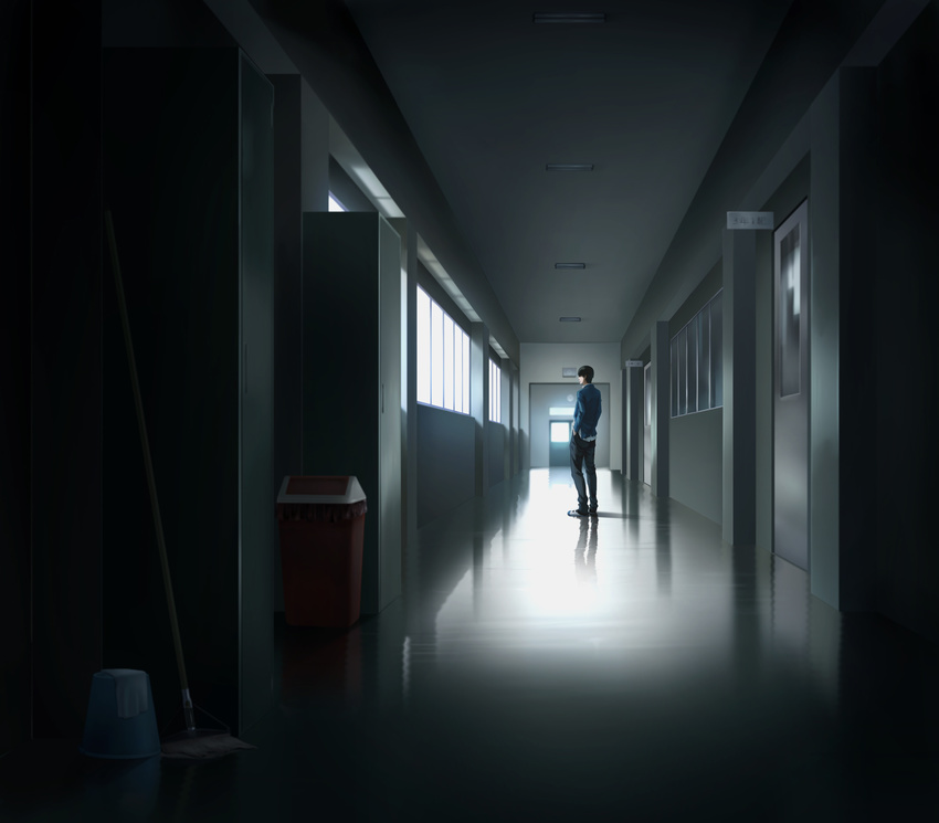 arakita_yasutomo back bangs black_hair blazer bucket ceiling ceiling_light door hair_over_eyes hallway hand_in_pocket highres indoors jacket locker long_sleeves male_focus mop pants reflection school shoes solo standing trash_can uwabaki window yotsukado_(ziburigaippai) yowamushi_pedal