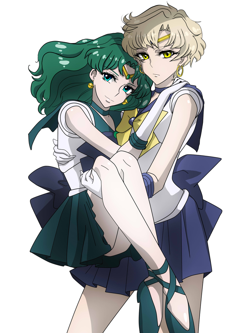 absurdres alternate_eye_color aqua_eyes bad_id bad_pixiv_id bare_legs bishoujo_senshi_sailor_moon blonde_hair blue_bow blue_sailor_collar blue_skirt bow carrying choker couple cowboy_shot earrings expressionless gloves green_footwear green_hair green_skirt highres hoop_earrings jewelry kaiou_michiru long_hair looking_at_viewer magical_girl multiple_girls nametake_(nametake729) outer_senshi pleated_skirt princess_carry sailor_collar sailor_neptune sailor_senshi sailor_senshi_uniform sailor_uranus shoes short_hair skirt smile strappy_heels ten'ou_haruka tiara very_short_hair white_background white_gloves yellow_bow yellow_eyes yuri