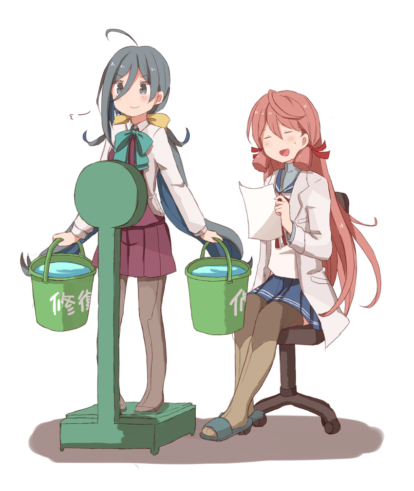 =3 ahoge akashi_(kantai_collection) blue_hair bow bowtie bucket chair closed_eyes commentary_request doyagao dress grey_eyes grey_hair hair_between_eyes hair_ribbon highres holding holding_bucket kantai_collection kiyoshimo_(kantai_collection) labcoat long_hair long_sleeves multicolored_hair multiple_girls open_mouth pantyhose paper pink_hair repair_bucket ribbon riz_(ravel_dc) shirt sitting skirt sleeveless sleeveless_dress smile standing thighhighs tress_ribbon weighing_scale white_shirt