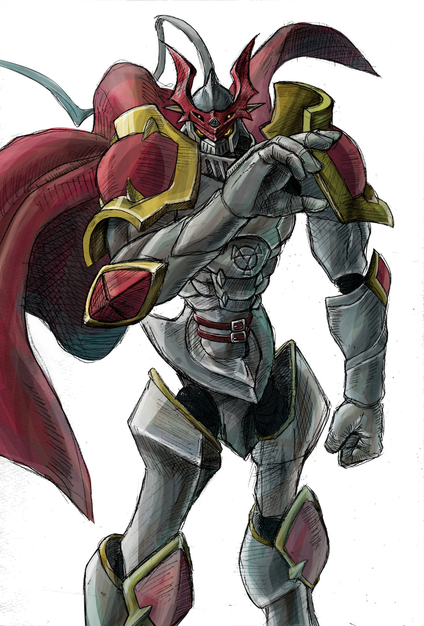 armor belt black_sclera cape clenched_hand digimon digital_hazard dukemon elbow_pads greymon_(nodoame1215) highres knee_pads knight monster multiple_belts no_humans red_cape serious shoulder_armor spikes visor yellow_eyes