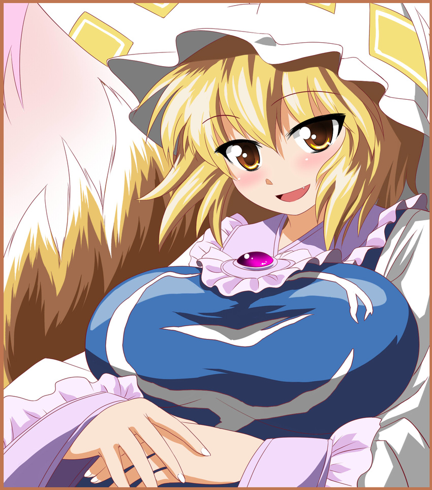 :d bad_id bad_pixiv_id blonde_hair blush breasts commentary dress fang fox_tail frills hat highres kyuubi large_breasts long_sleeves looking_at_viewer mob_cap multiple_tails nekorin open_mouth pillow_hat short_hair smile solo tabard tail touhou upper_body white_dress wide_sleeves yakumo_ran yellow_eyes