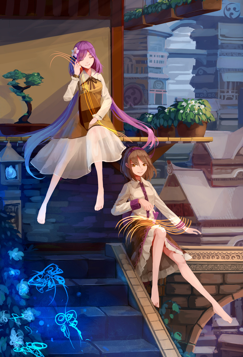 barefoot biwa_lute brown_eyes brown_hair closed_eyes dress flower full_body glowing hair_flower hair_ornament hairband highres instrument lantern long_hair long_sleeves looking_at_viewer low_twintails lute_(instrument) multiple_girls music playing_instrument purple_hair see-through shirt short_hair sitting skirt smile stairs stone_lantern touhou tsukumo_benben tsukumo_yatsuhashi twintails yuren